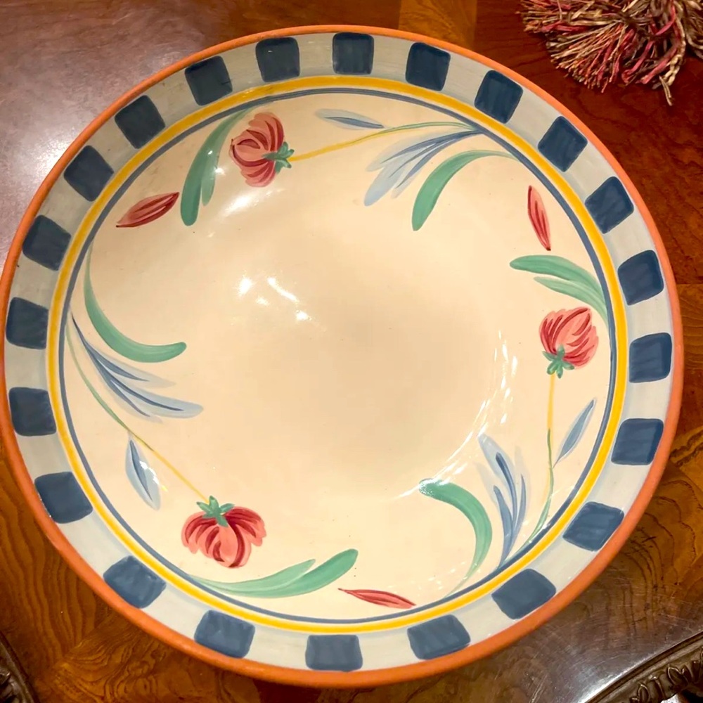 Lenox Poppies on Blue Terracotta Large 12” Pasta Serving Bowl Portugal Vintage